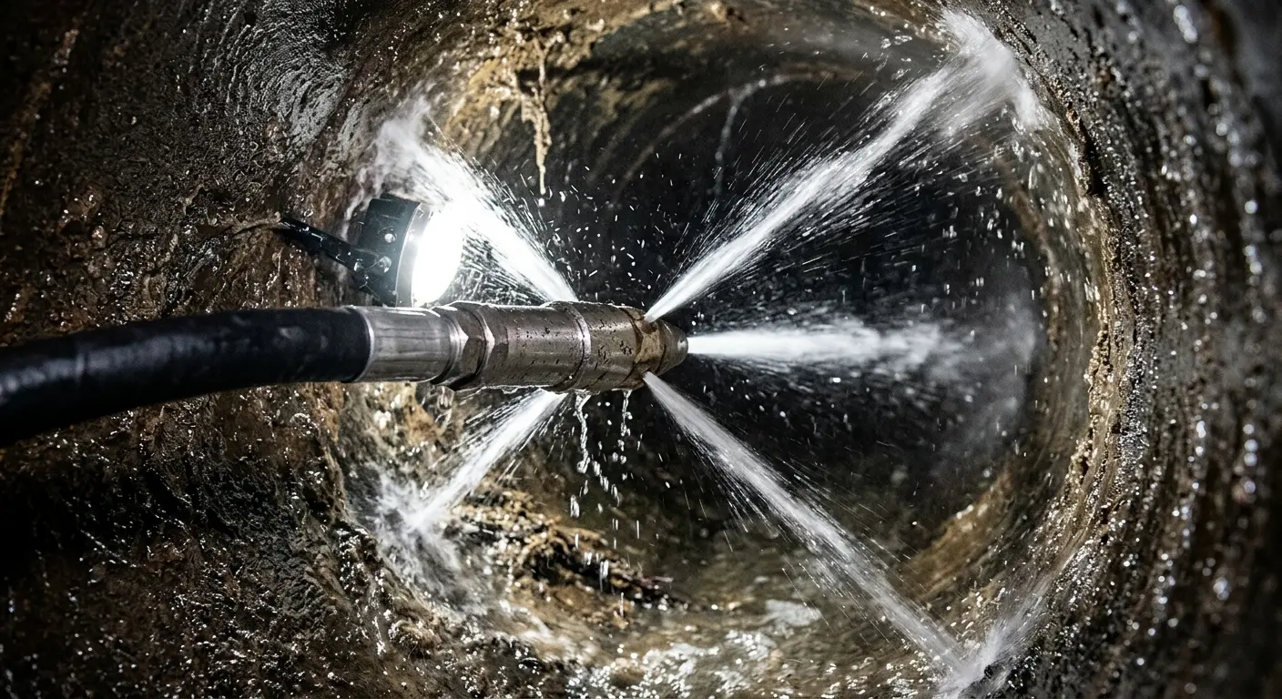 High-pressure hydro jetting nozzle cleaning sewer pipe for Trenchless Sewer Repair in Pataskala