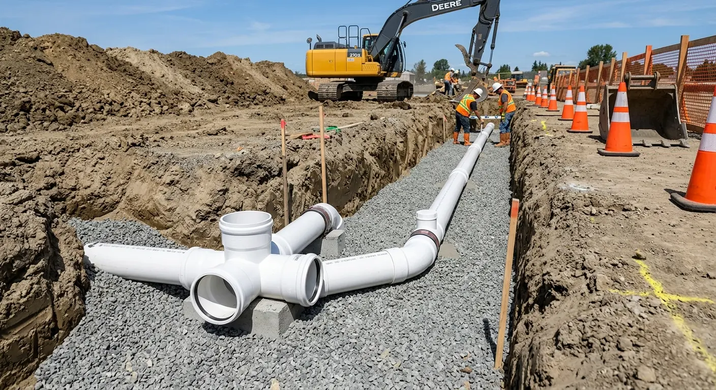 New PVC sewer pipe installation in open trench for Sewer Backup in Pataskala