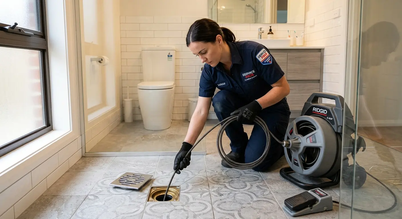 Technician clearing a bathroom floor drain for Hydro Jetting in Pataskala